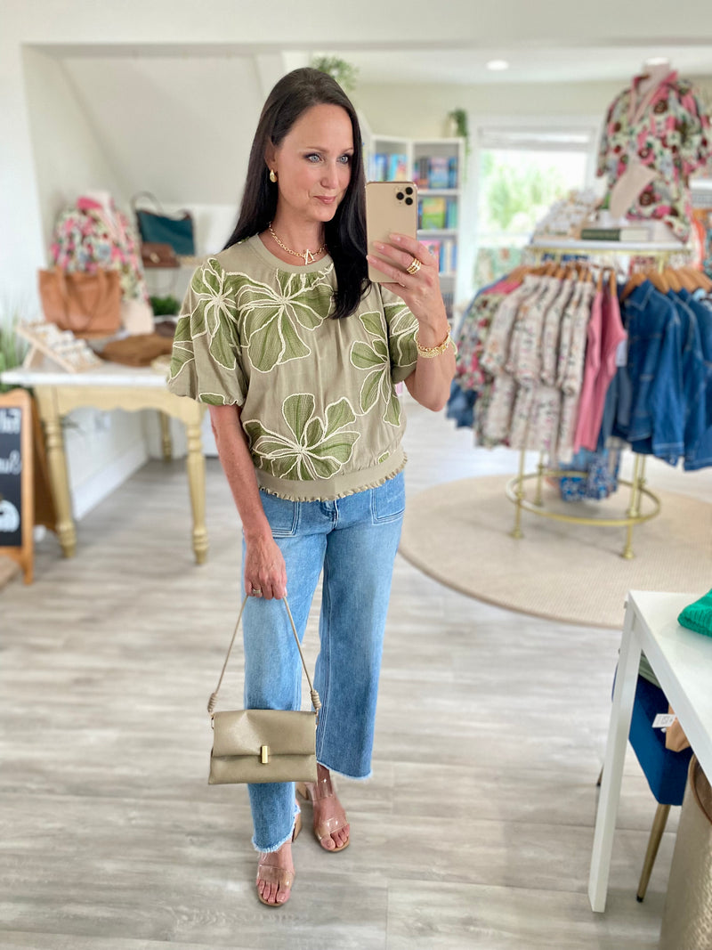 Contrast Band Detailed Floral Embroidery Top