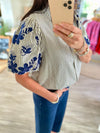Floral Embroidered Sleeve Stripe Top