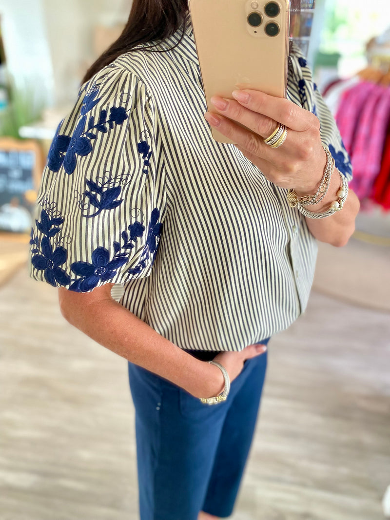 Floral Embroidered Sleeve Stripe Top
