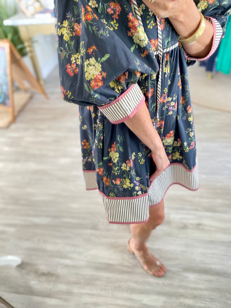 Floral Print Stripe Trim 3/4 Sleeve Front Tie Mini Dress