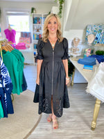 Short Puff Sleeve Zipper Front Cutout Hem Midi Dress