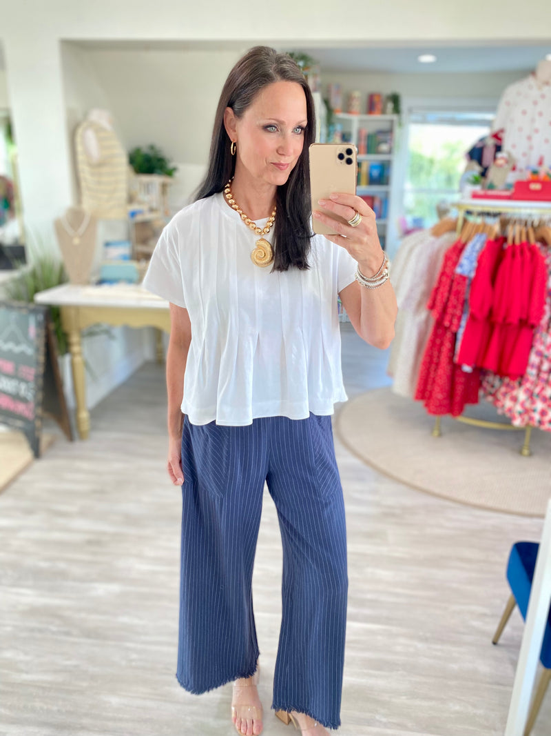 Cotton Knit Pleated Front Short Sleeve Top