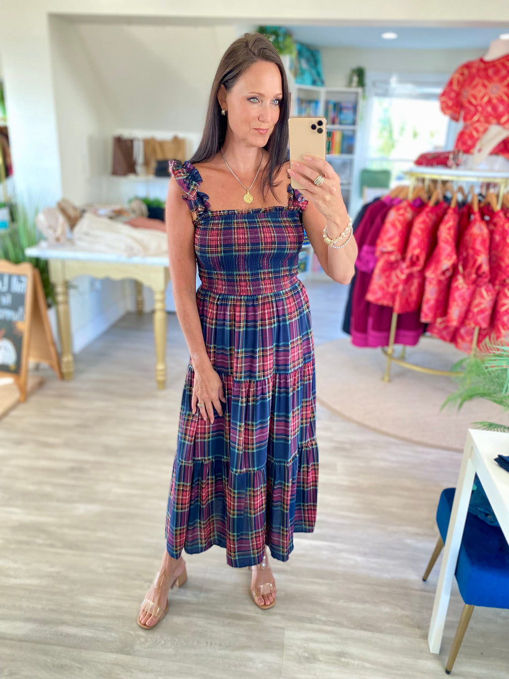 Plaid Smocked Tiered Midi Dress