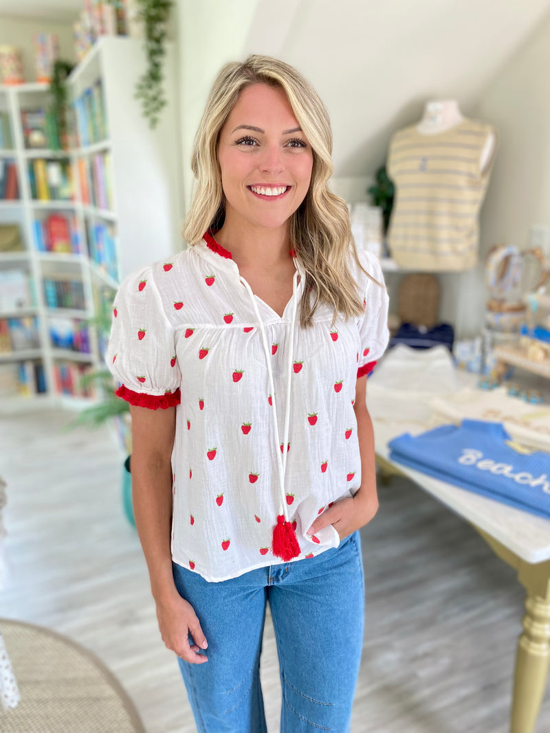 Strawberry Embroidered Gauze Top