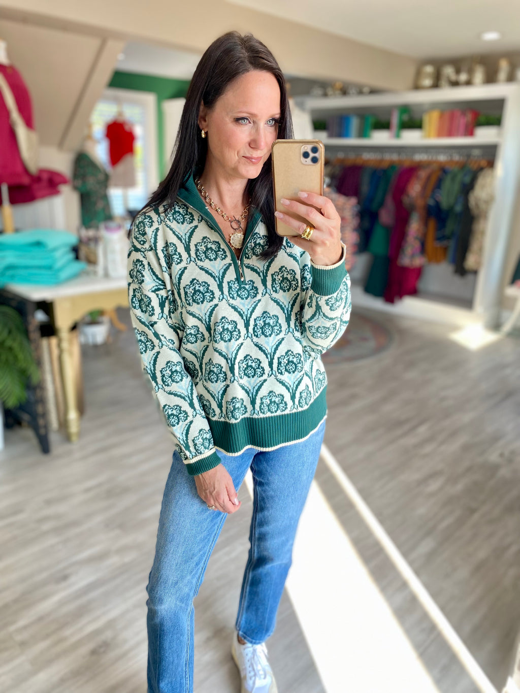 1/4 Zip Print Pullover Sweater