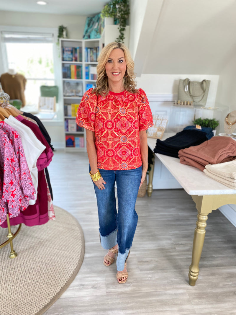 Puff Sleeve Mandala Jacqaurd Print Top