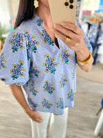 Floral Print Smocked Standup Collar Top