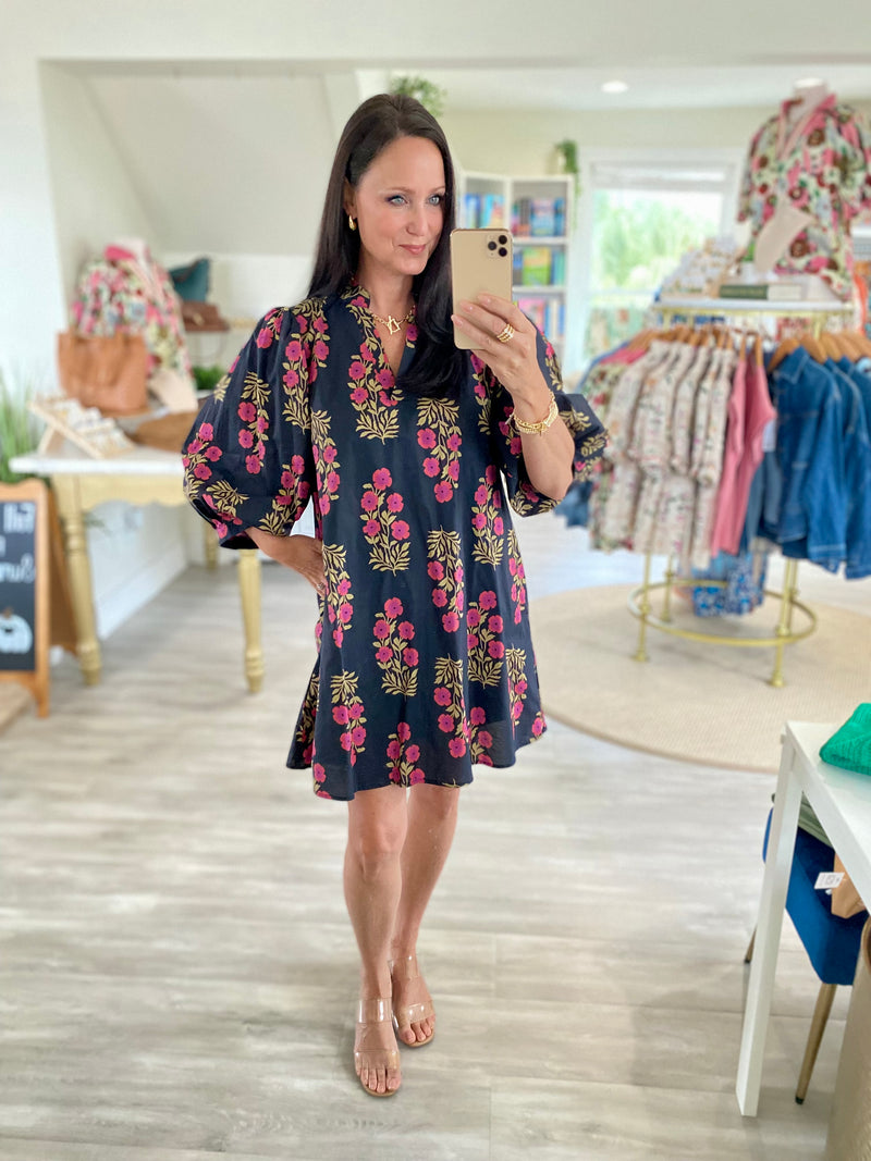 Floral Print Split Neck 3/4 Sleeve Mini Dress