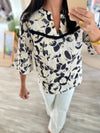 Print Embroidered V Neck Top