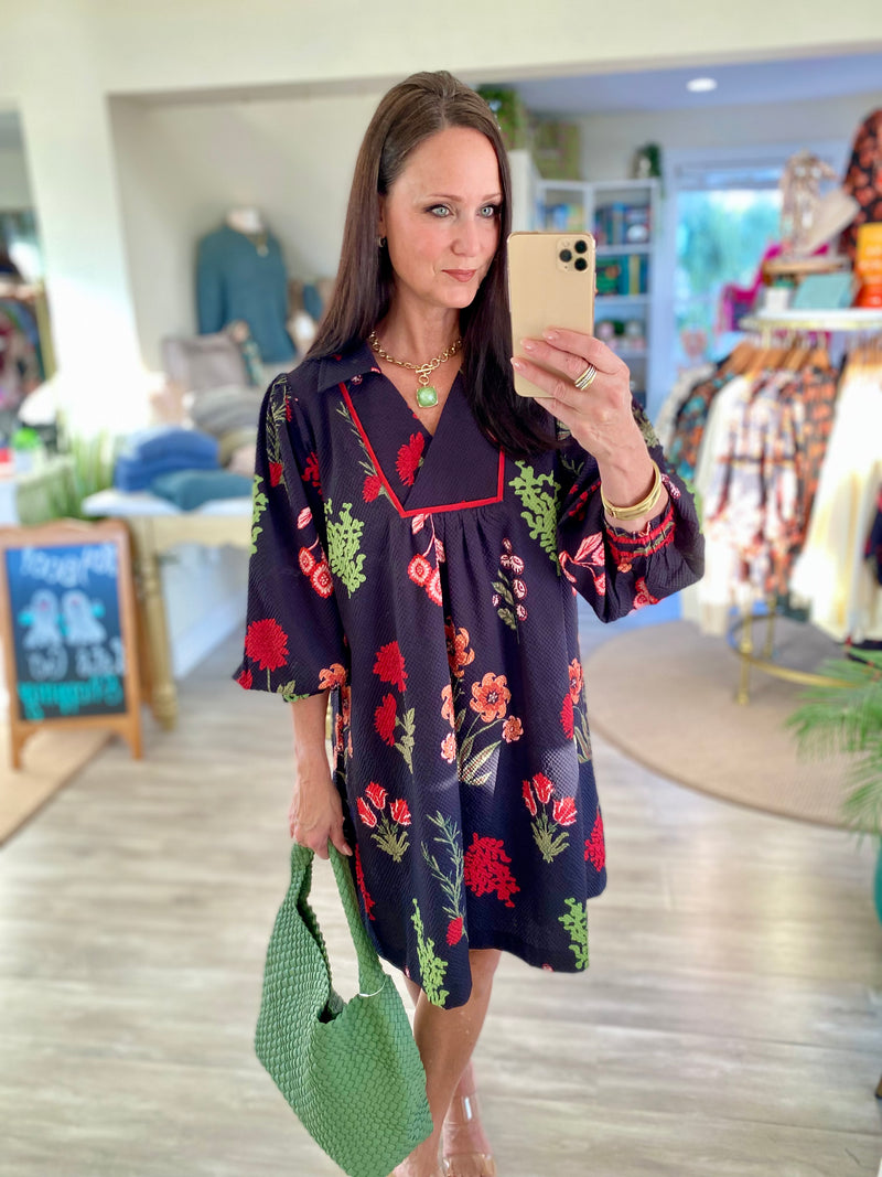 Botanical Floral Collared Shift Dress