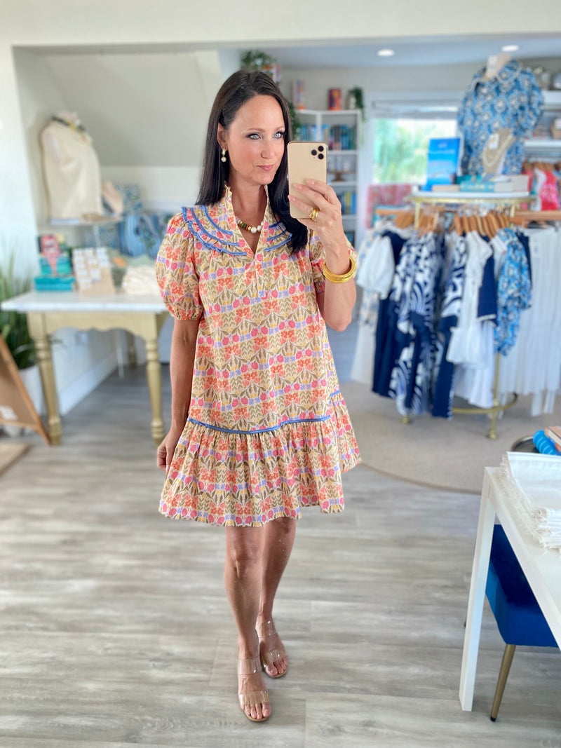 Ruffle Collar Short Sleeve Floral Dress