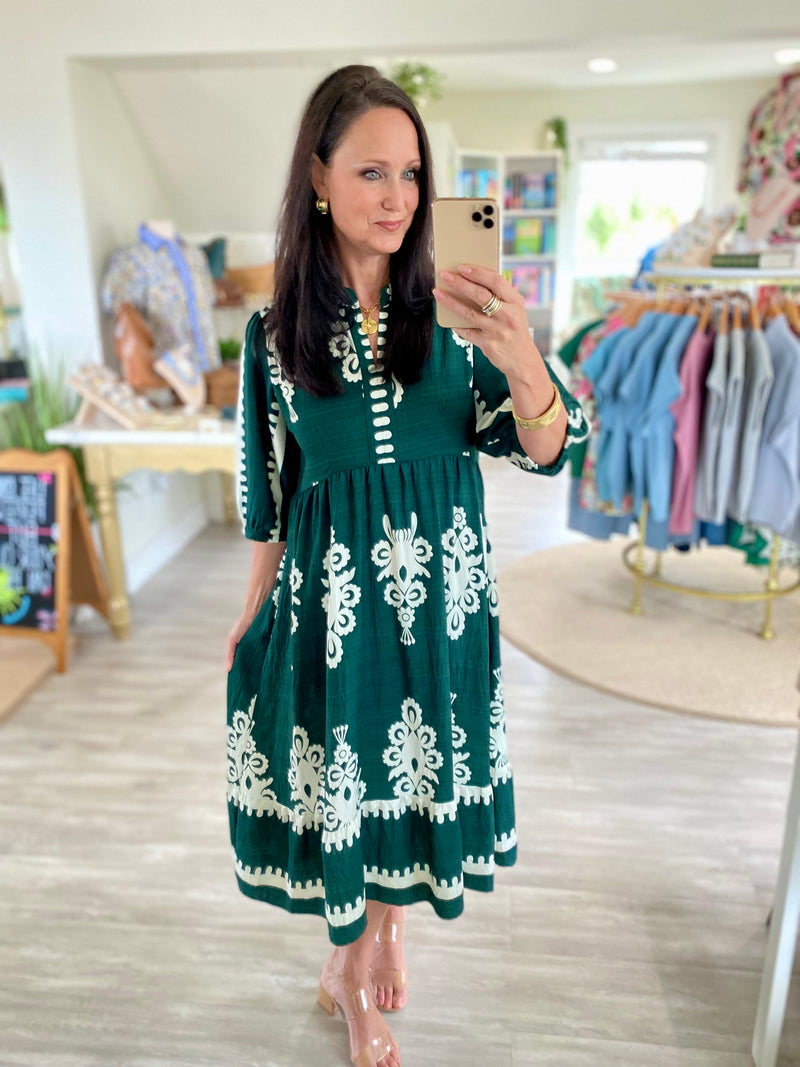 Border Print V Neck Midi Dress