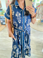 Botanical Floral Print Button Down Tie Waist Midi Dress