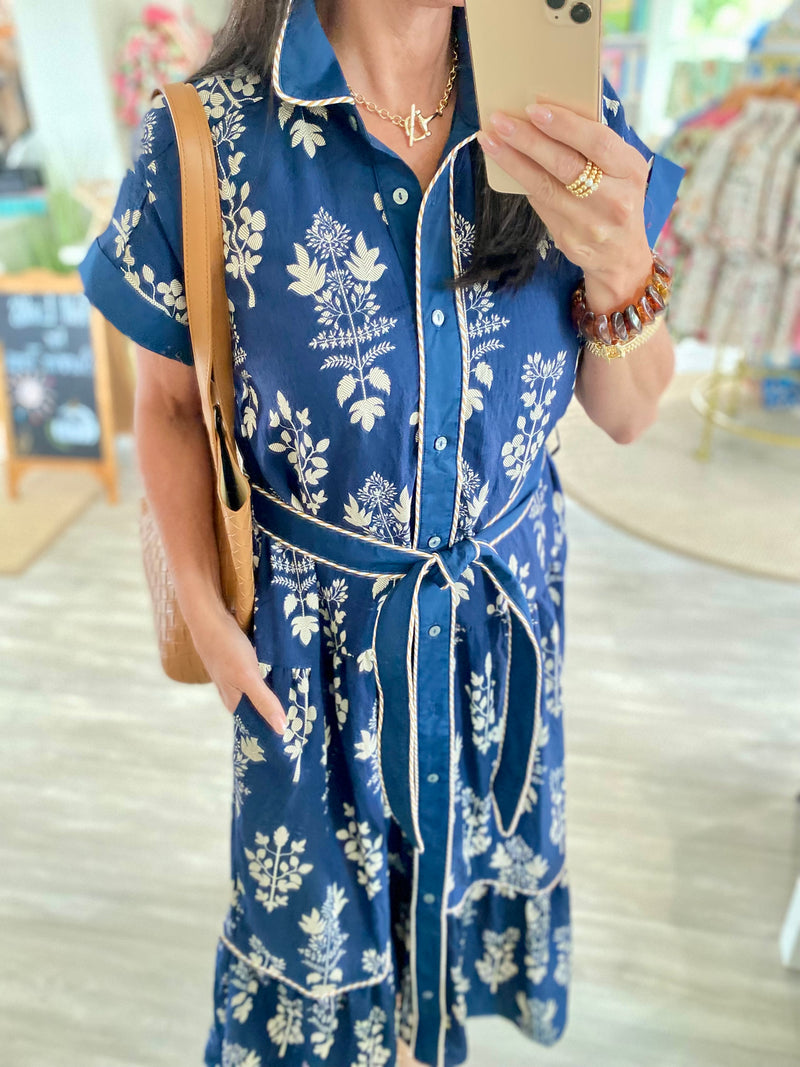 Botanical Floral Print Button Down Tie Waist Midi Dress
