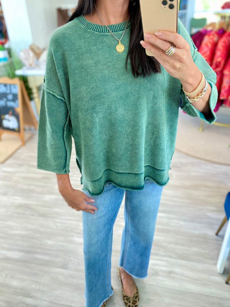 Washed 3/4 Sleeve Boxy Sweater