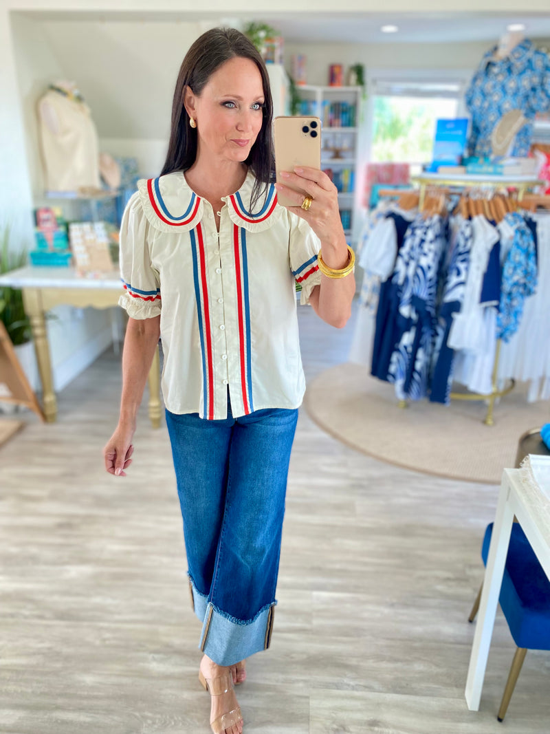 THML Striped Trim Puff Sleeve Button Top