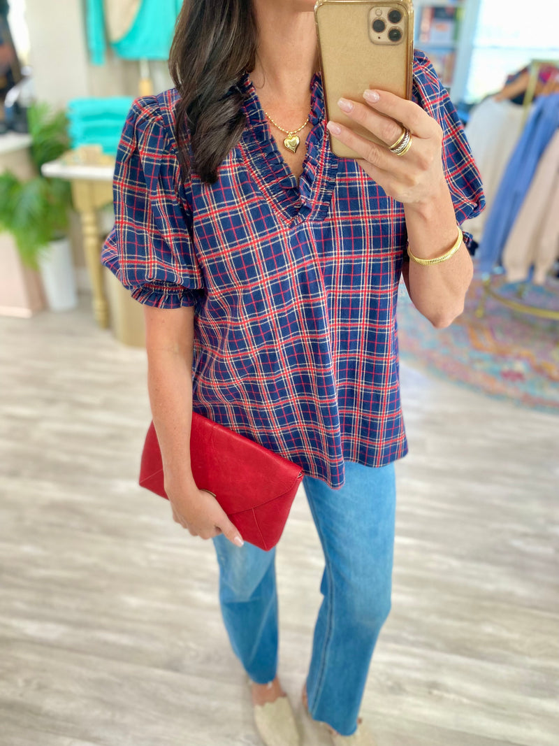 Plaid Ruffle V Neck Top