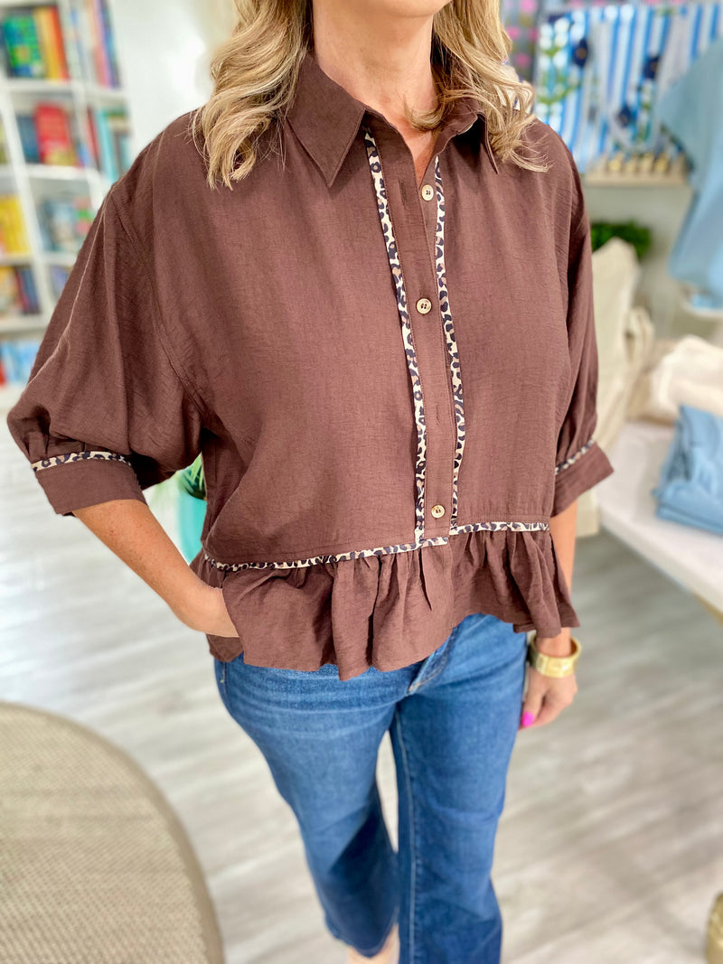 Animal Trim Button Down Peplum Top