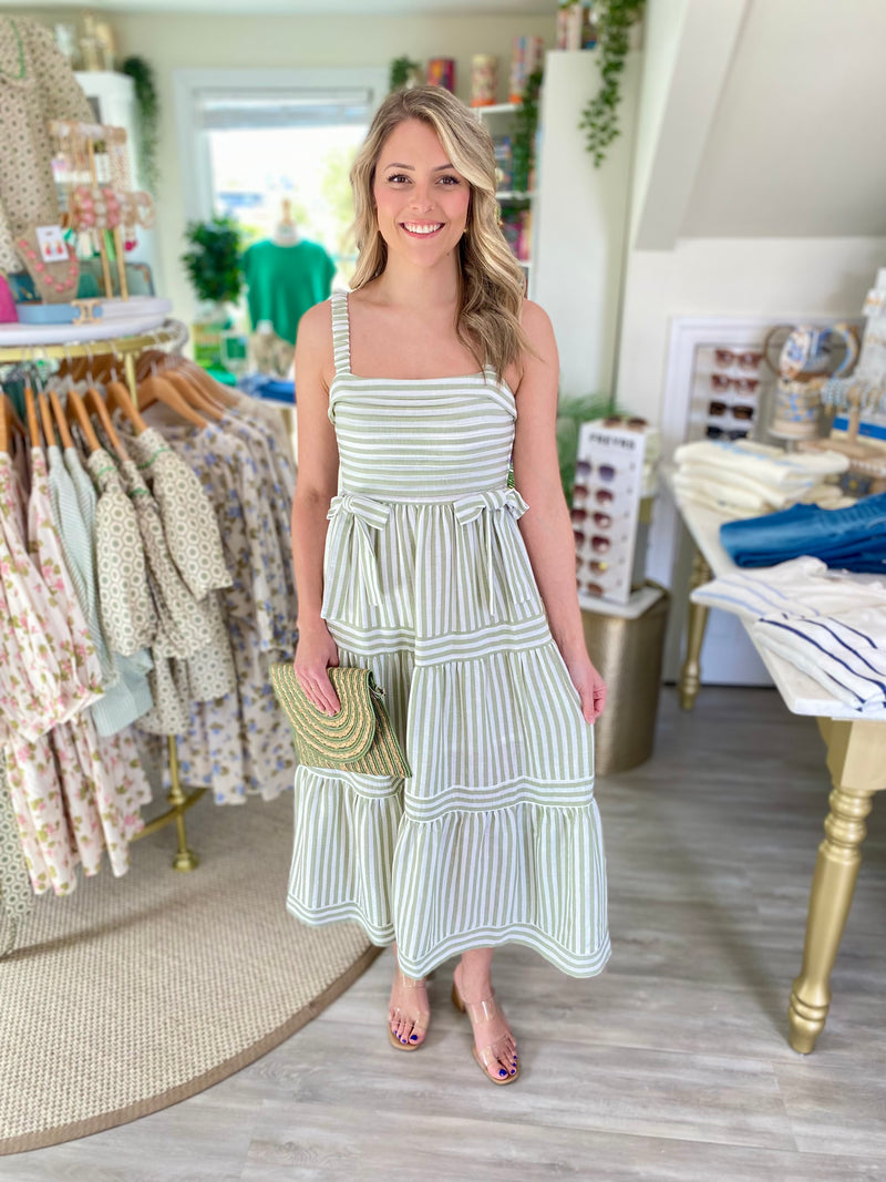 Stripe Pleated Bust Midi Dress