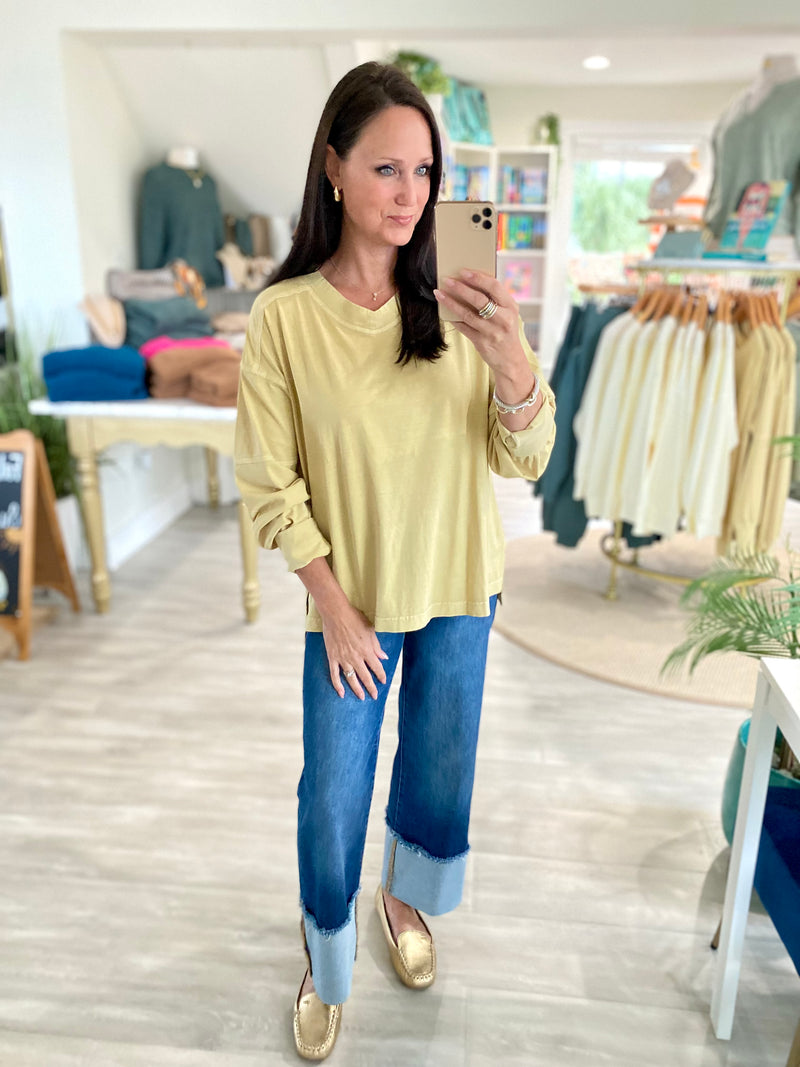 Pigment Wash V Neck Long Sleeve Tee