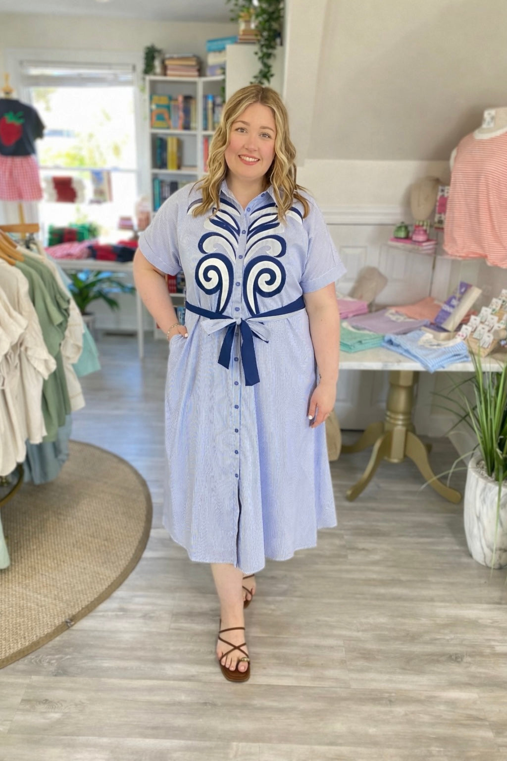 Pinstripe Appliqu Tie-Waist Midi Dress  Cameo Boutique