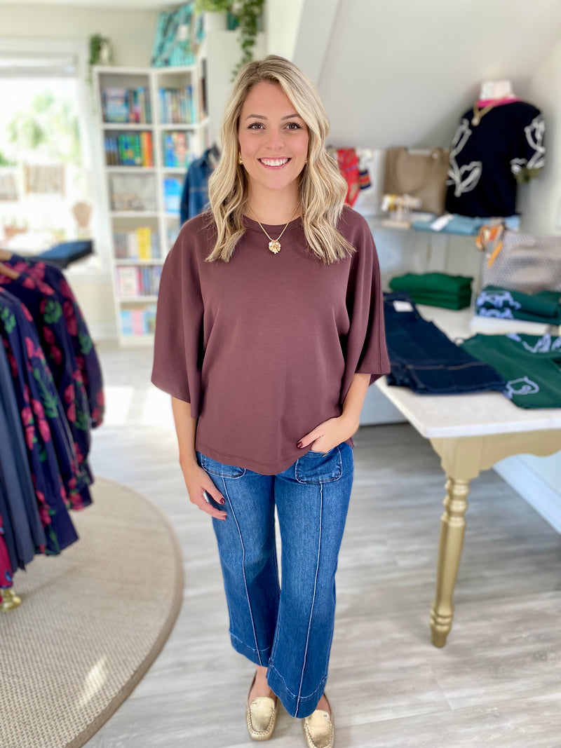 Solid Knit Dropped Shoulder Flare Sleeve Top