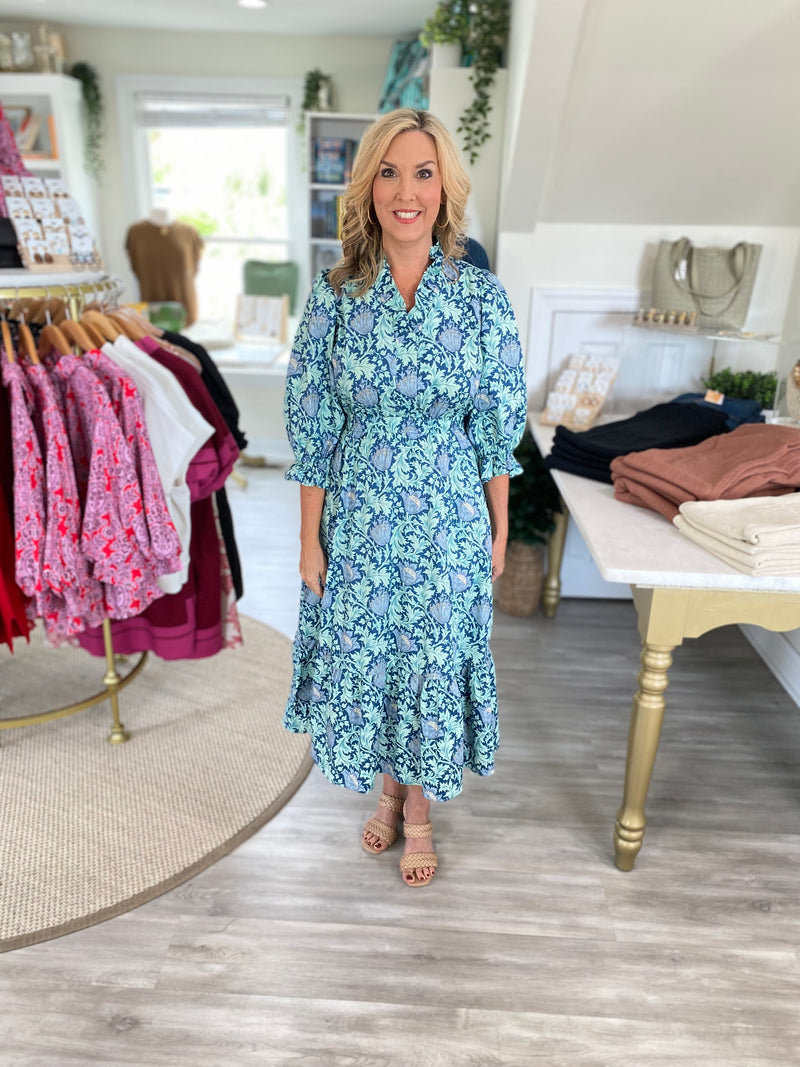 Floral Print Ruffle Surplice Neck Midi Dress