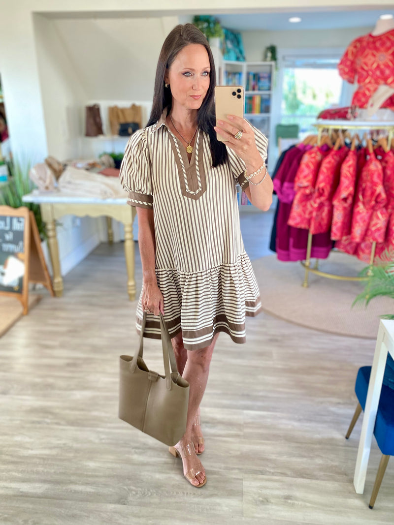 Textured Stripe Short Puff Sleeve Mini Dress