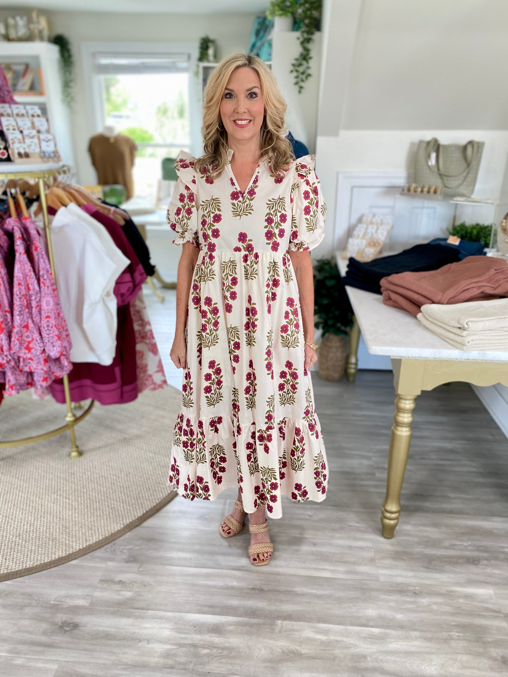 Floral Print Ruffle Shoulder Midi Dress