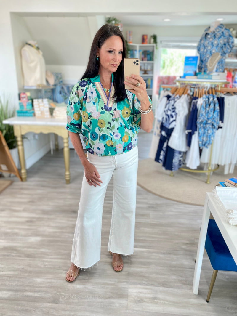 Abstract Floral Poplin Contrast Stripe Top