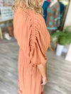 Ruched Sleeve Gold Stripe Maxi Dress