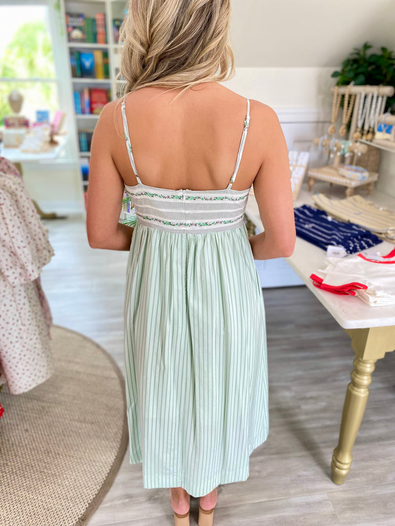 Floral Embroidery And Stripe Mix Cami Midi Dress