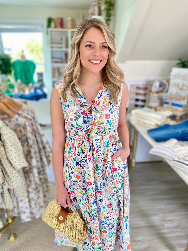 Graphic Print Front Tie Sleeveless Midi Dress