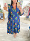 Floral Print 3/4 Sleeve Collared V Neck Midi Dress