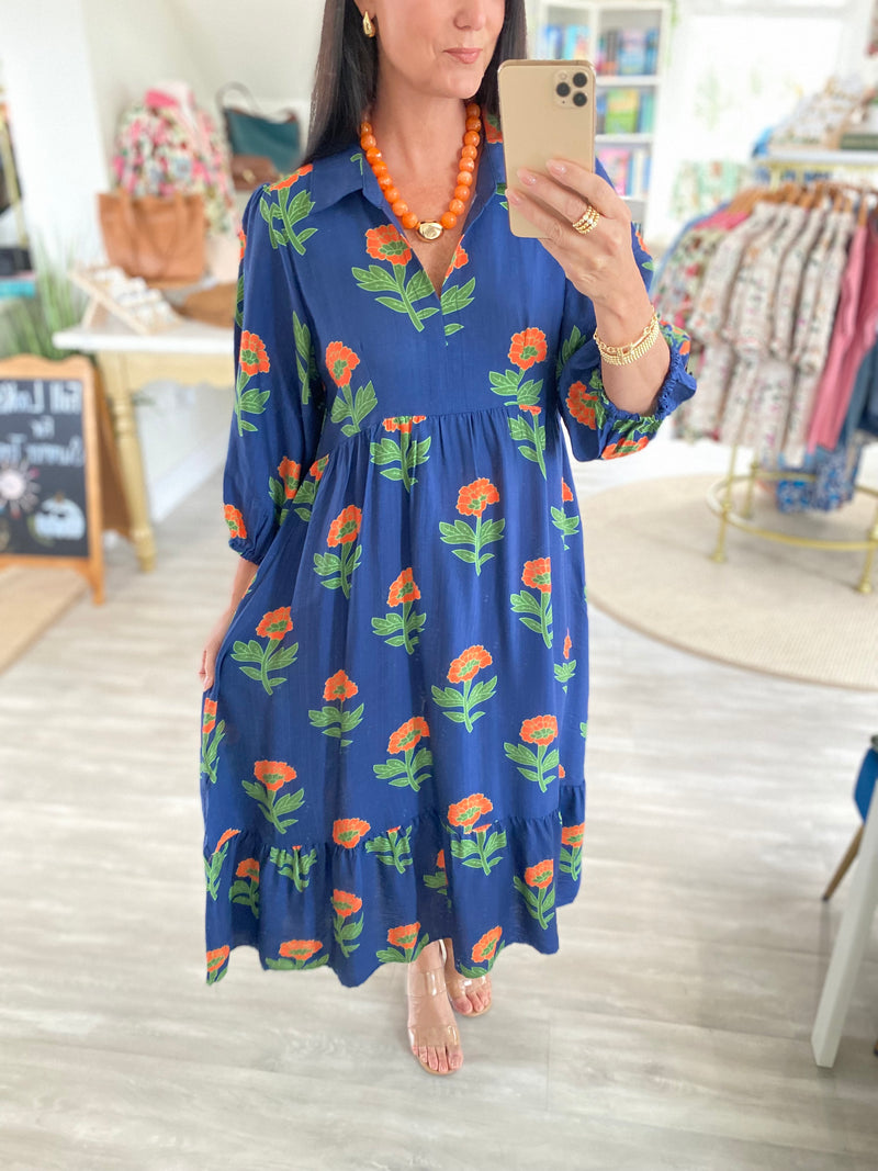 Floral Print 3/4 Sleeve Collared V Neck Midi Dress