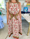 Sleeveless Floral Print Contrast Stripe Tie Waist Midi Dress