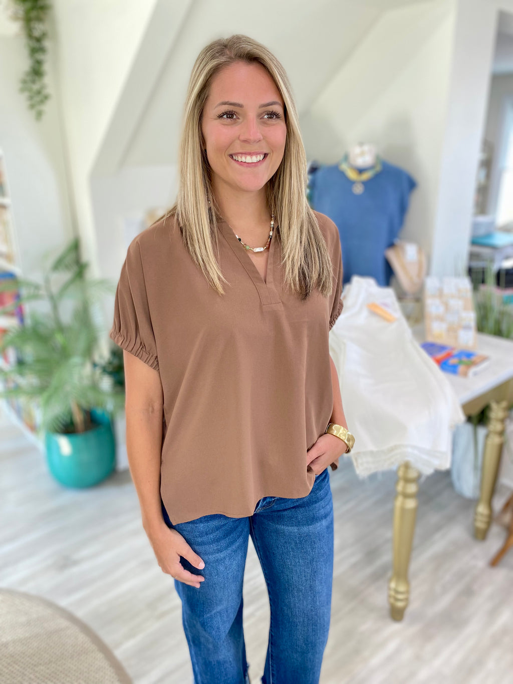 Short Sleeve Collared V Neck Woven Top