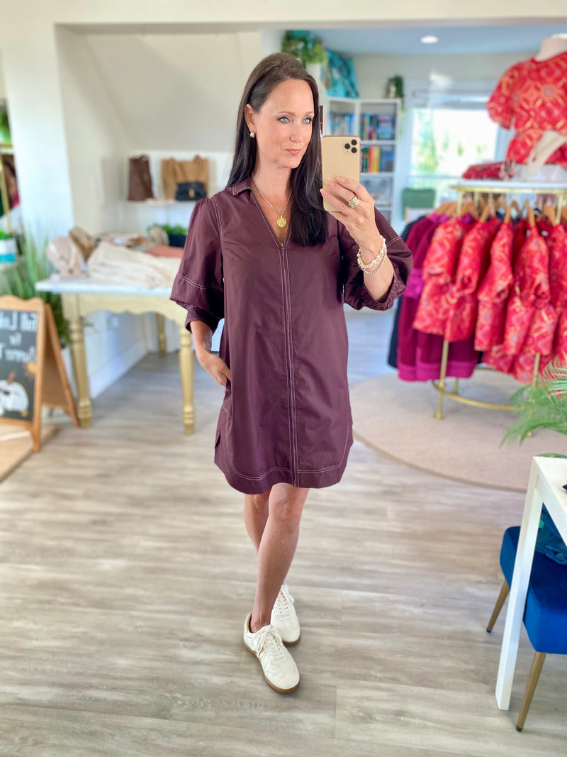 3/4 Lantern Sleeve Zipper Front Mini Dress