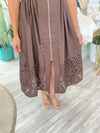 Short Puff Sleeve Zipper Front Cutout Hem Midi Dress