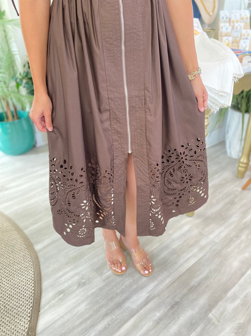 Short Puff Sleeve Zipper Front Cutout Hem Midi Dress