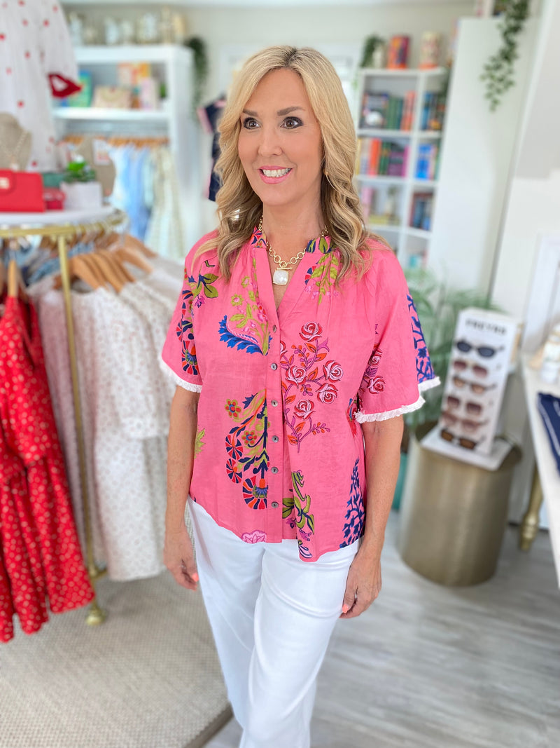 THML Stamp Floral Print Button Front Top