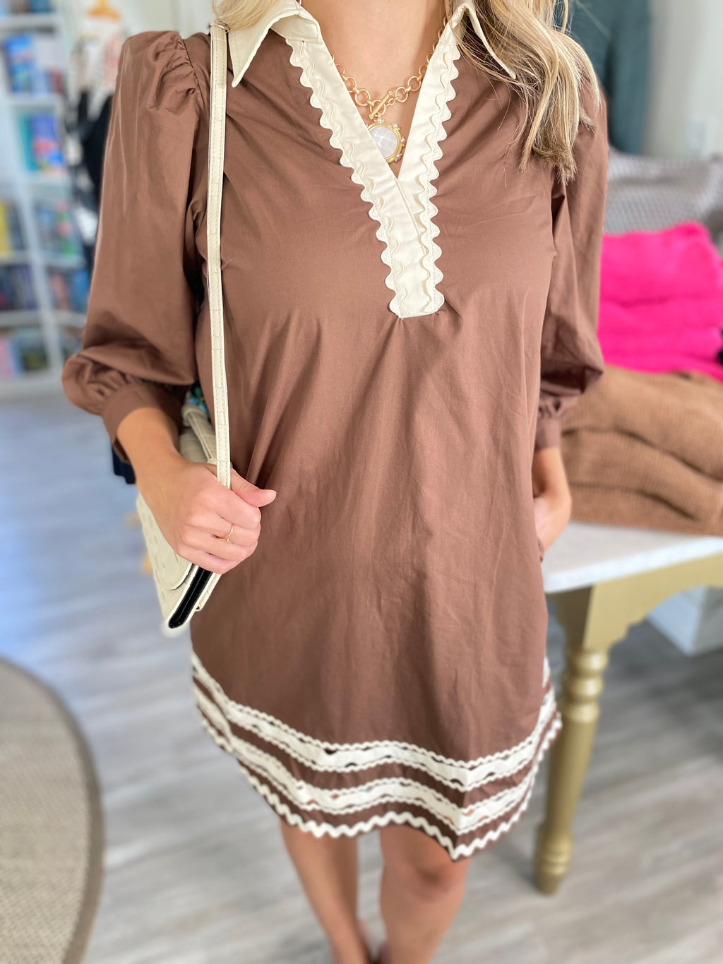 3/4 Sleeve Scalloped Trim Collared V Neck Mini Dress