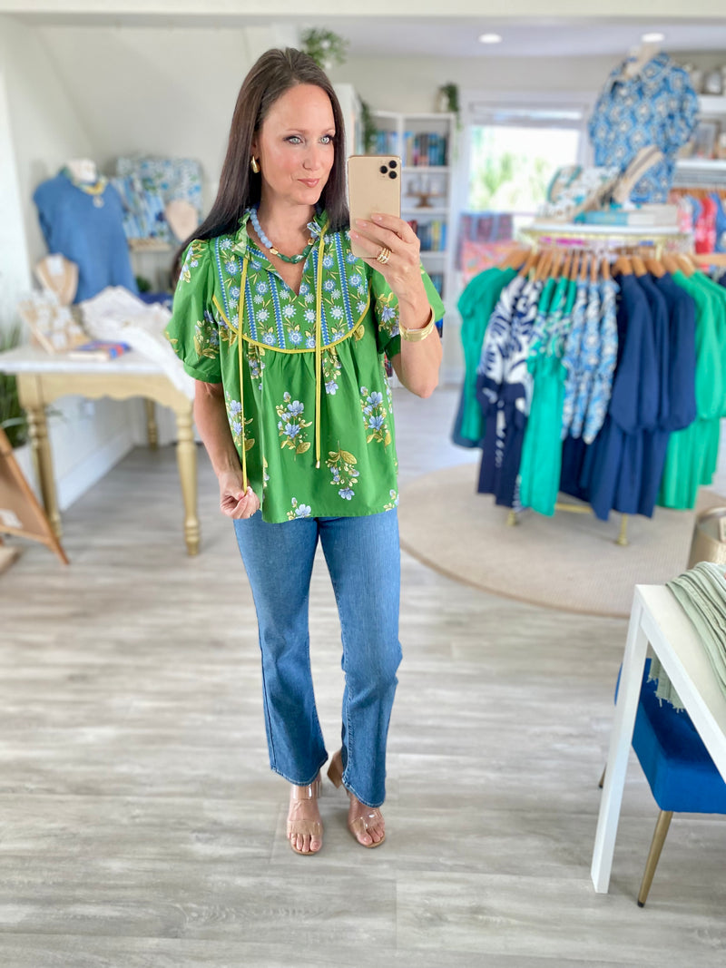 Mixed Floral Print Front Tie Short sleeve Top