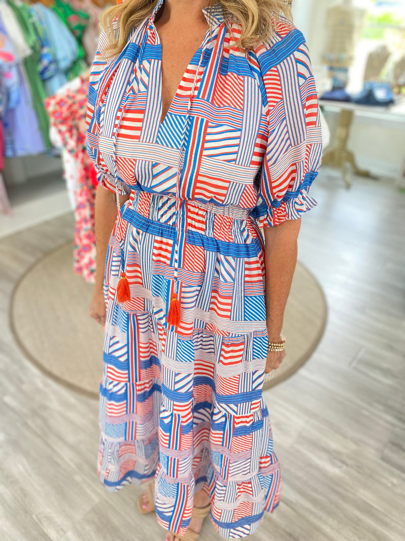 THML Mixed Stripe Front Tie Midi Dress