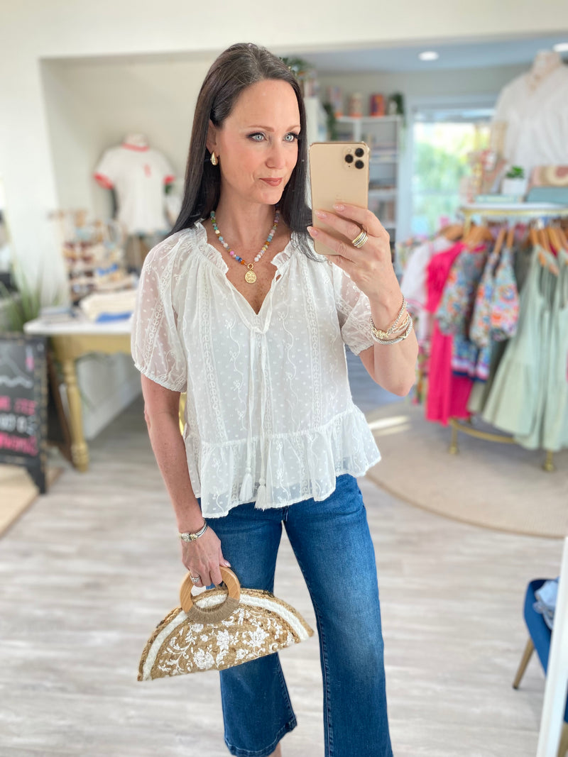 Swiss Dot Embroidered Front Tie Top
