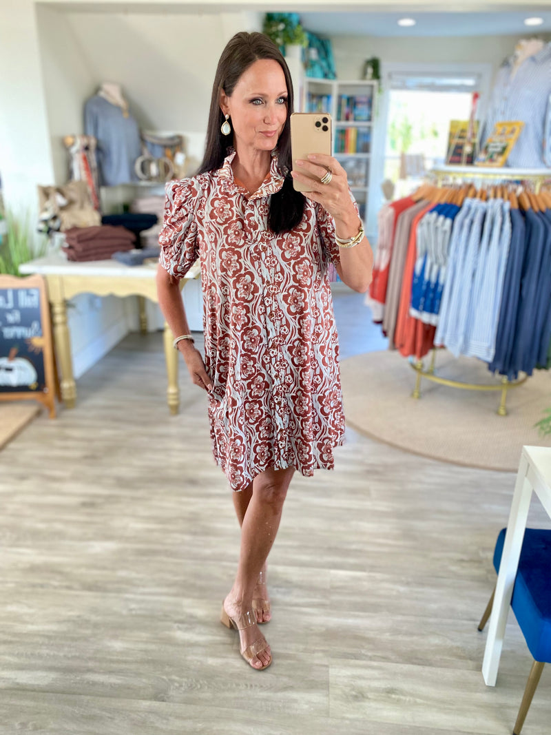 Two Tone Floral Print Ruffle Collar Button Front Mini Dress