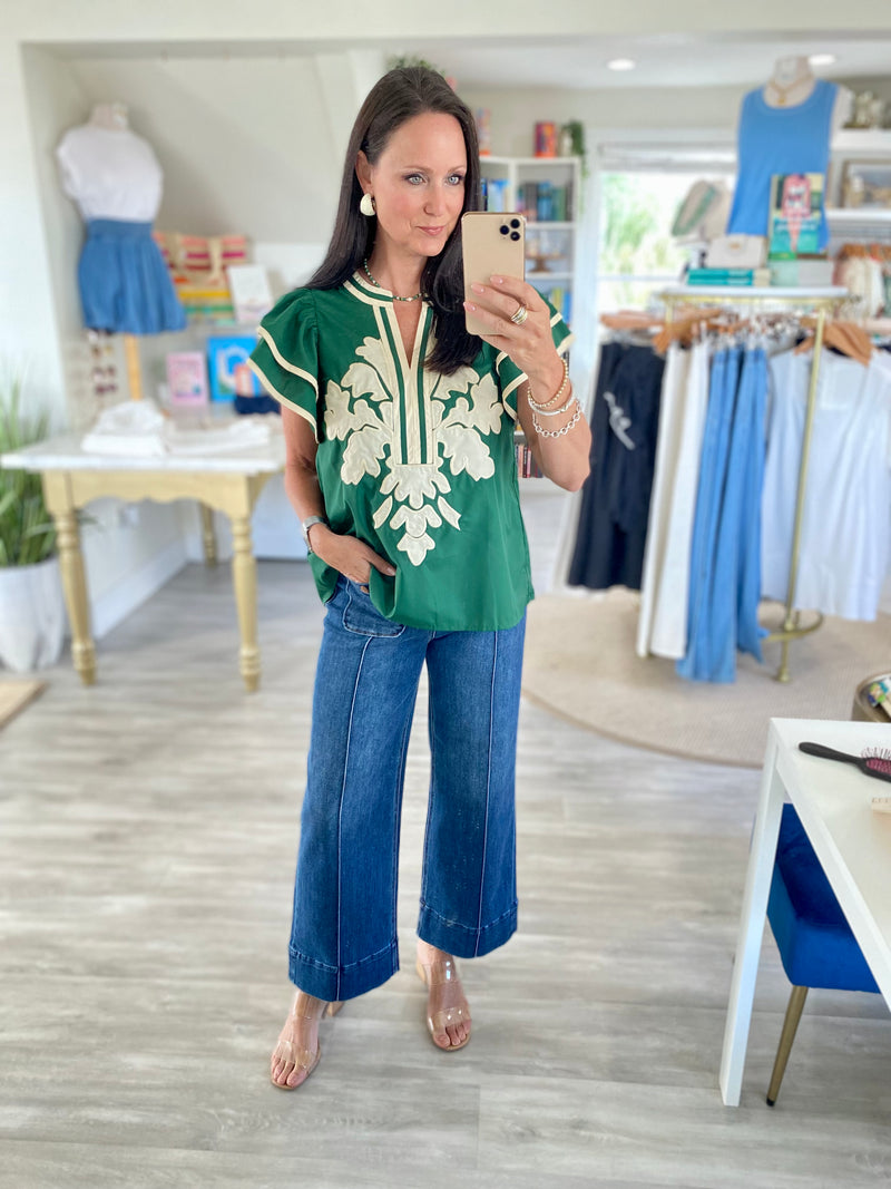 Flutter Sleeve Embroidered Appliqué Top