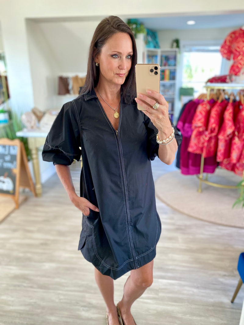 3/4 Lantern Sleeve Zipper Front Mini Dress