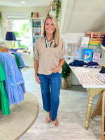 Contrast Stripe Seersucker Dolman Sleeve Top