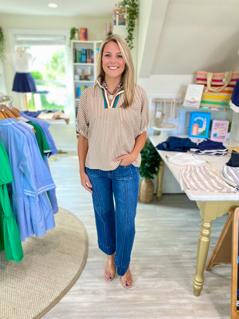 Contrast Stripe Seersucker Dolman Sleeve Top